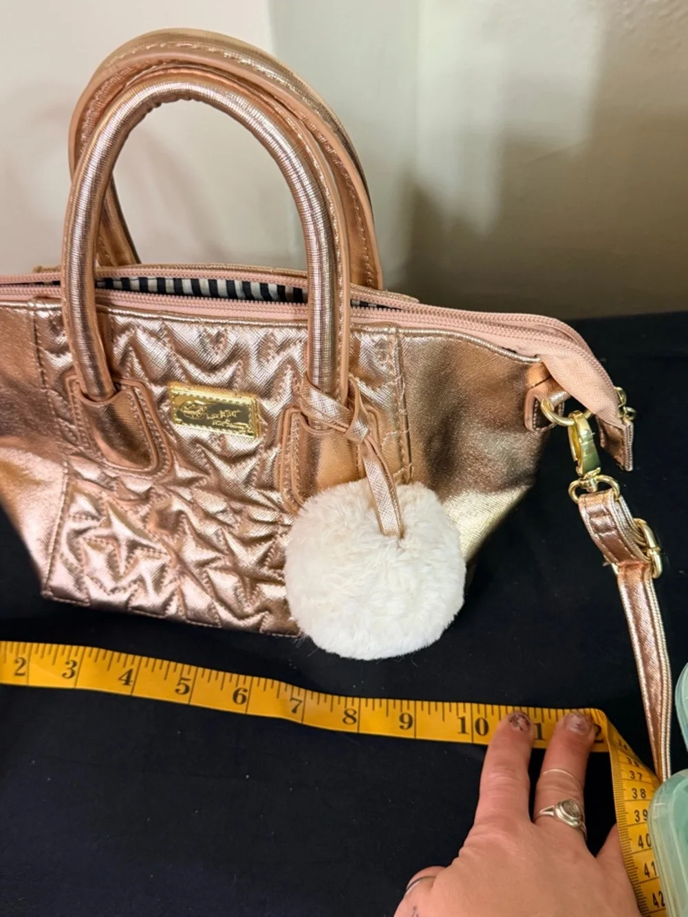 Betsey Johnson Metallic Rose Gold Quilted Star Satchel with‎ Pom